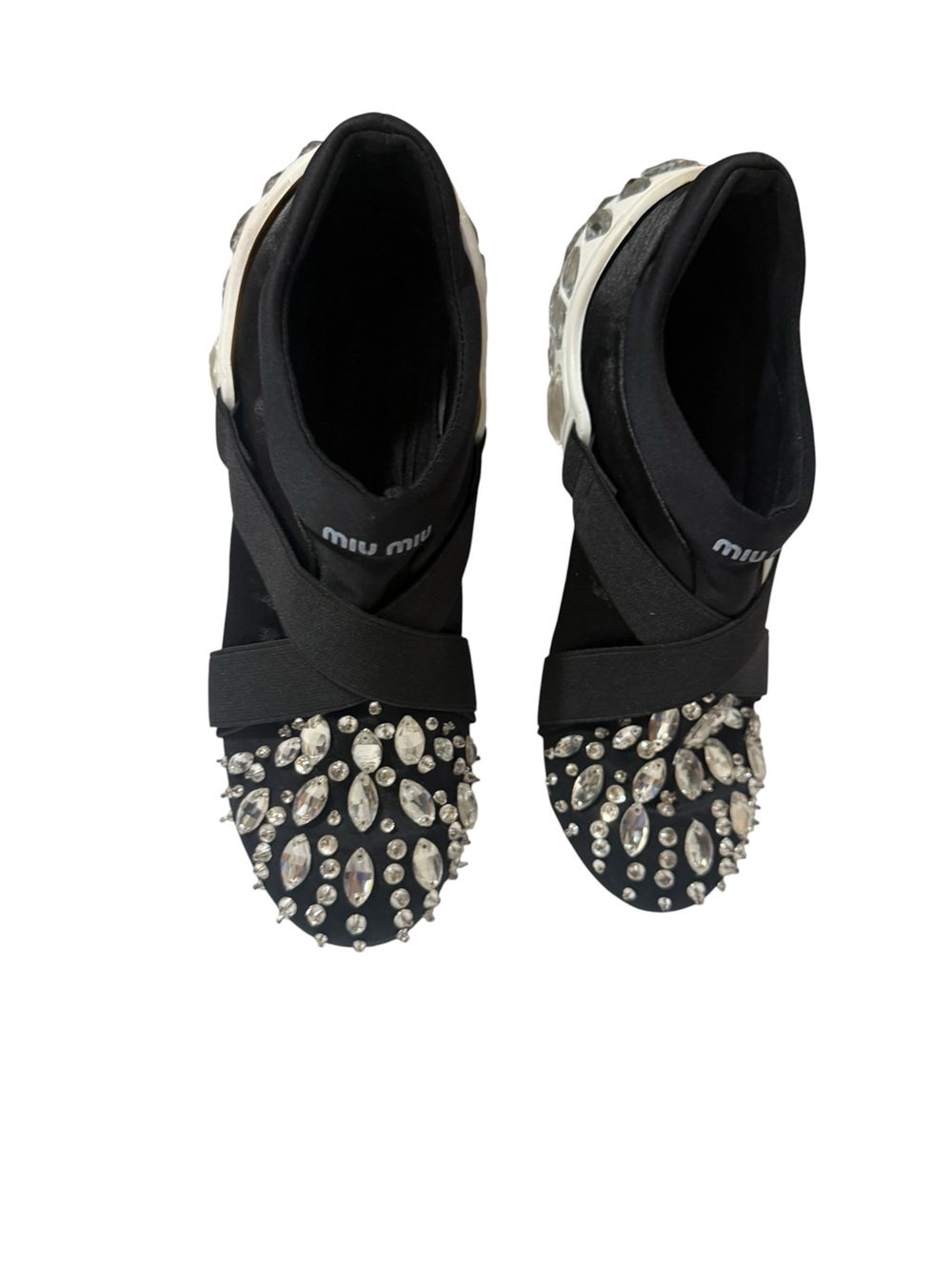 Black Crystal-Embellished Cross-Strap Slip-Ons - Picture 7 of 15